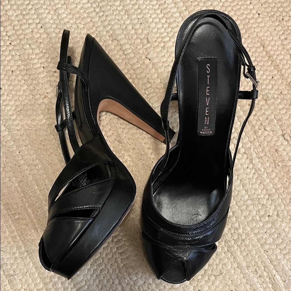 Steven By Steve Madden Black Leather Slingback Peep-Toe Heels